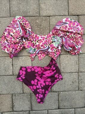 Pink Floral Puff-Sleeve Swimsuit Set